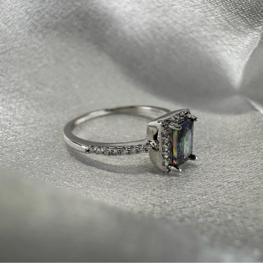 925 Sterling Silver Rhodium CZ mystic topaz Ring w/ polishing cloth Size 6 NEW